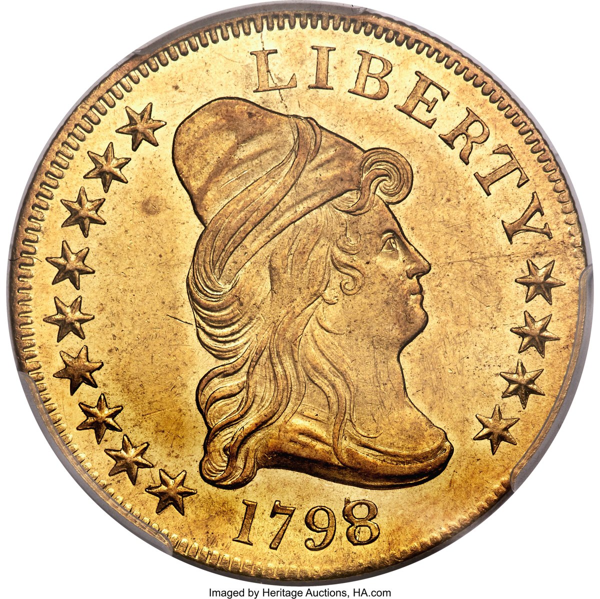 HeritageAuction's tweet photo. #HERITAGELIVE All 1798-dated tens are overdates, a feature that was of little concern to the Mint, but a source of great interest to collectors. This 1798/7 #CappedBust Right Eagle, MS62+ just fetched $324,000 during our #USCoins Signatureยฎ #Auction.
๐ https://t.co/FiHS4QUiX7 https://t.co/1ZEi3LjTbD