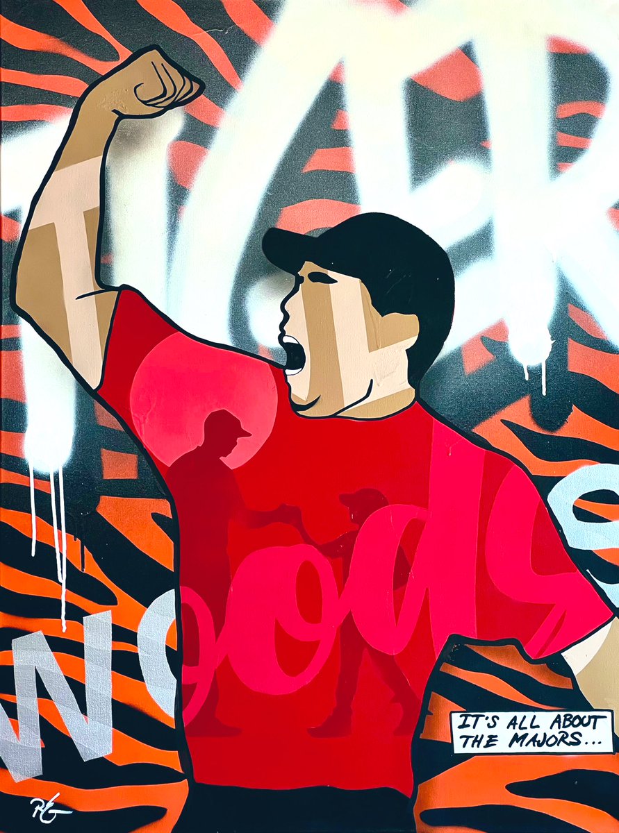 boomtho's tweet image. Neon Tiger (red) (2022) Available. 30x40 spray paint and acrylic on canvas. Rodbensonart.com #golf #tigerwoods #neonblack