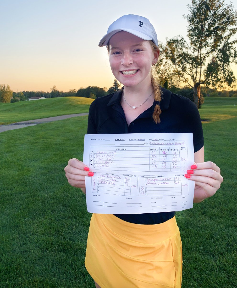 The_Pennant's tweet photo. GIRLS GOLF: PENN 164, Jimtown DNF, Riley DNF. Kingsmen now 9-0 in @NIC_Athletics competition.

Penn's Delaney Wade shoots a personal best two-under par nine-hole score of 34.

Penn: Delaney Wade 34, Scarlett Biever 45, Clare Tobin 43, Ella Peterson 44, Lily Yoder 43. https://t.co/RjMMCH4y7H