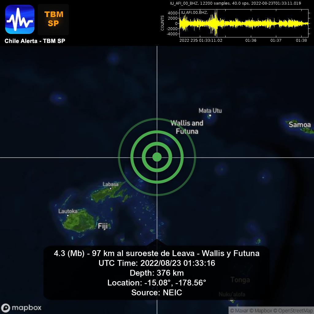 ChileAlertaApp's tweet photo. New #Earthquake. 🌎
4.3 (Mb) - 97 km al suroeste de Leava - Wallis y Futuna.
2022/08/23 01:33:16 UTC.
App: https://t.co/RblVNxZYn8
#Leava #WallisyFutuna #earthquake #sismo #temblor #terremoto https://t.co/HRtorUowa5