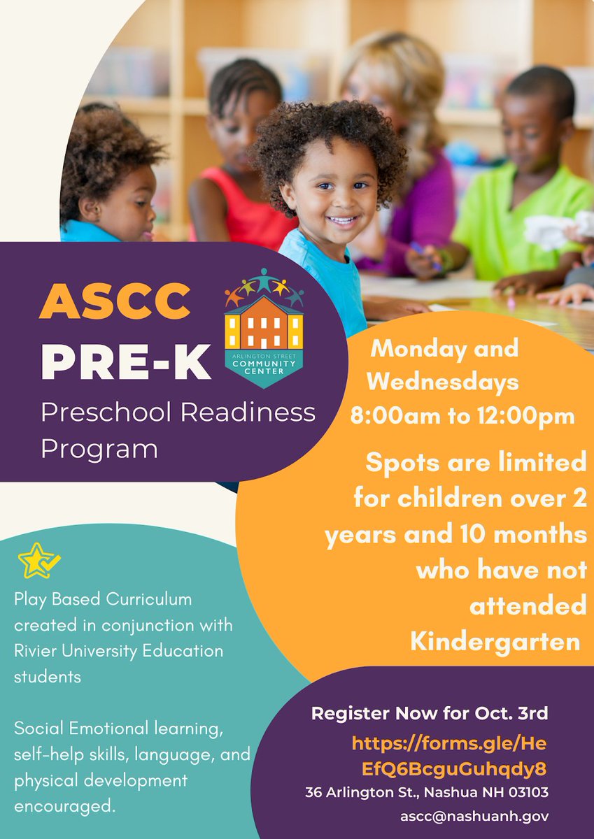 Pre-K Readiness program at #ArlingtonStreet Community Center in #NashuaNH #Nashua #EarlyChildhood #preschool

To register, see the link in the graphic below.