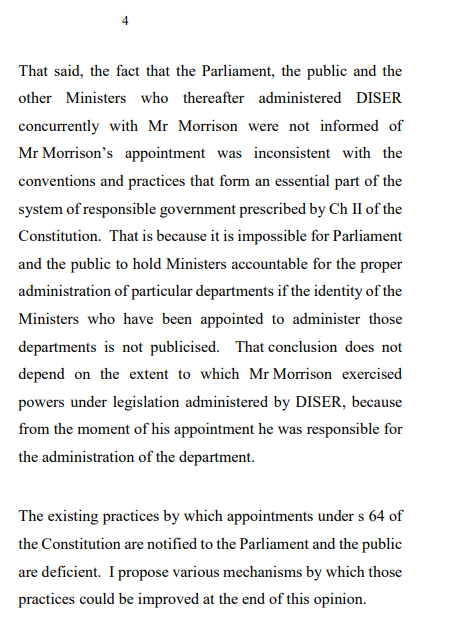 AaronDodd's tweet photo. "Mr Morrison’s appointment was inconsistent with the
conventions and practices that form an essential part of the
system of responsible government" #auspol #ResignScotty https://t.co/N3GvSz2rzu