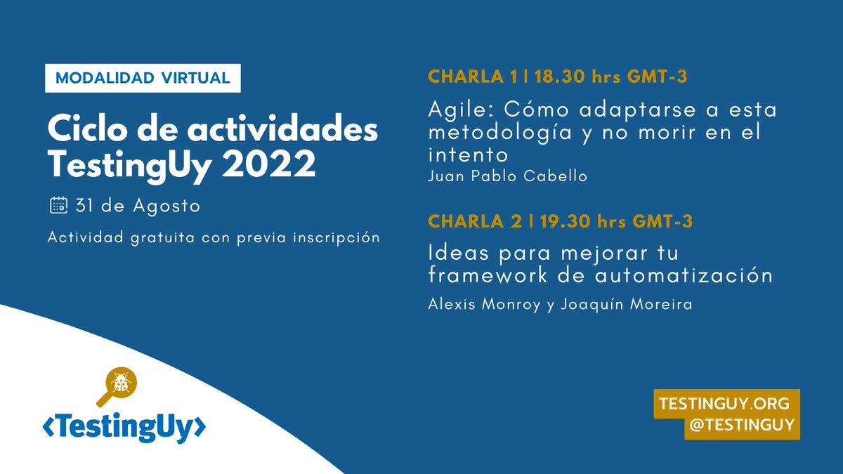 ¡Es hoy! ¡Meetup de #testinguy junto a Juan Pablo Cabello, Alexis Monroy y Joaquín Moreira! 
¡Nos vemos!  #testing #softwaretesting #testinglatam

meetup.com/testing-uy/eve…