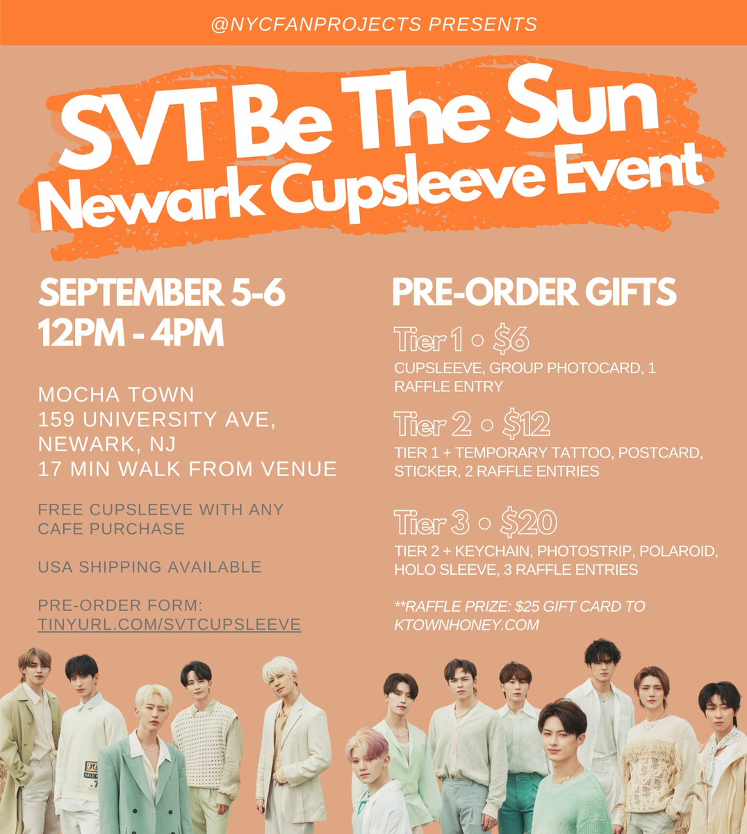 bemyfrenzy's tweet photo. #BetheSun Seventeen Newark Cupsleeve Event

9/5 &amp; 9/6, 12PM-4PM
Mocha Town (159 University Ave. Newark, NJ)
17 min walk from venue

VENDORS
PHOTO AREA

Pre-order form (shipping avail): https://t.co/r80zjcACKc

✨Retweet &amp; follow us to enter a @pledis_17 album giveaway (US only)✨ https://t.co/ReuJAUxL7C