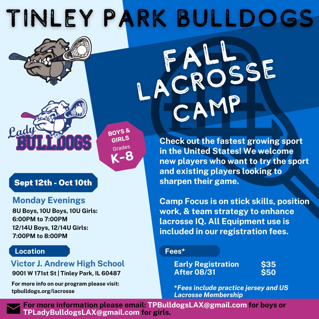 Fall camp registration is open! Includes USA Lacrosse membership and all equipment use (No hidden fees). Hope to see you there! tpbulldogs.org/lacrosse