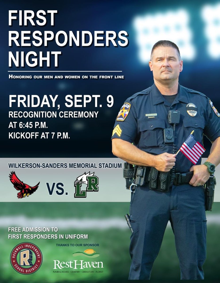 Reinhardt Elementary (@reinhardtelem) on Twitter photo Please join us at Wilkerson-Sanders Memorial Sanders Stadium on Sept 9th. If you are a first responder or know someone who is, submit your photos to communications@rockwallisd.org to be featured.
#ThankYou #WTD #ItStartsHereRISD Please join us at Wilkerson-Sanders Memorial Sanders Stadium on Sept 9th. If you are a first responder or know someone who is, submit your photos to communications@rockwallisd.org to be featured.
#ThankYou #WTD #ItStartsHereRISD
