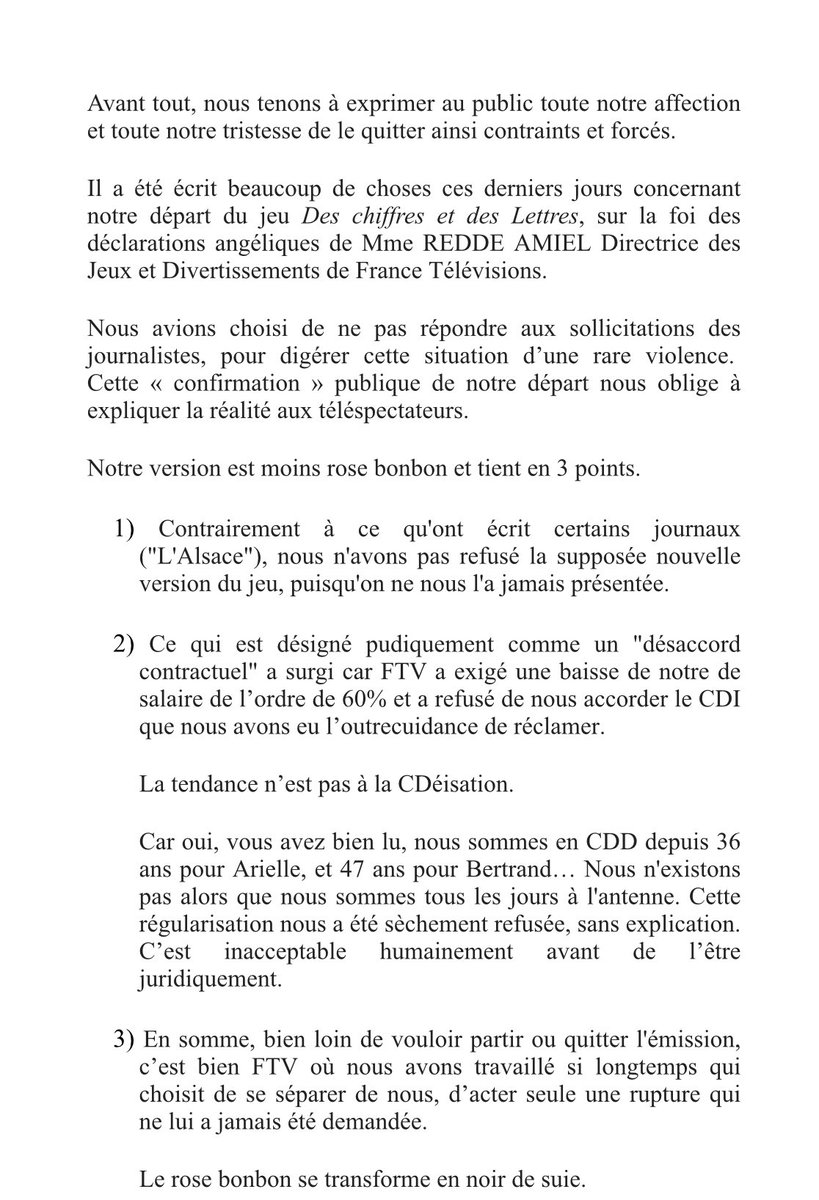 SergeFTV's tweet photo. Le compte est bon en terme de nombres de #CDD pour les animateurs des #ChiffresetdesLettres qui quittent l’émission contraints et forcés disent ils dans ce #communiqué ! #ArielleetBertrand #Consonnes et #Voyelles en 9 lettres ? #Procédure ? @Francetele https://t.co/TPqePSdrsY