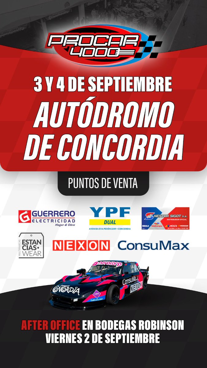 mariorectafinal's tweet photo. LLEGAMOS A CONCORDIA !!
No te lo pierdas‼
Ya tenés tu entrada? La podes conseguir en los distintos puntos de venta!!
📍 Autódromo Ciudad de Concordia
📅 Sábado 3 y Domingo 4 de Septiembre
#Automovilismo #AutomovilismoZonal #Procar4000 #Procar2000 #Concordia  #CopaLitoral #Race https://t.co/sV0zbLnkZx