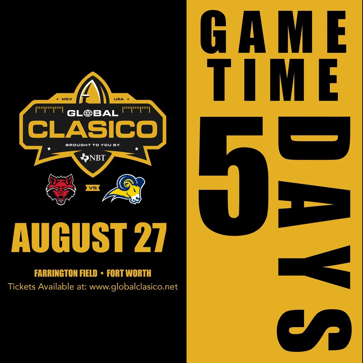 Countdown to Go Time! The final week with all the final preparations for the  bands, the players, the coaches and the organizers. The final yard to touchdown. #GobalClasico #footballamericano #TEXvsASUQC #USAvsMex <a href="/txwesfootball/">TxWes Football</a> <a href="/astateredwolves/">Arkansas State Red Wolves Athletics</a> <a href="/coachtajonar/">Antonio Tajonar</a> <a href="/coachjptxwes/">Joe Prud'homme</a>