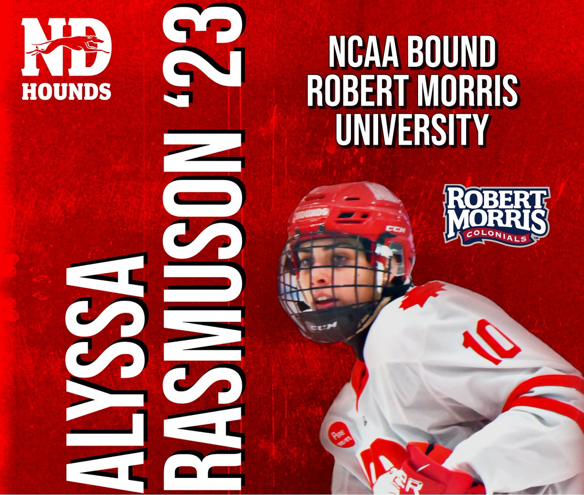 Congratulations to Alyssa Rasmuson '23 on her commitment to Post-Secondary Academics &amp; Athletics for the 2023-2024 Year. 

Alyssa will be attending Robert Thomas University and playing for the Colonials Women’s Hockey Team.
#NDProud #ShesAHound #HoundsAthletics
