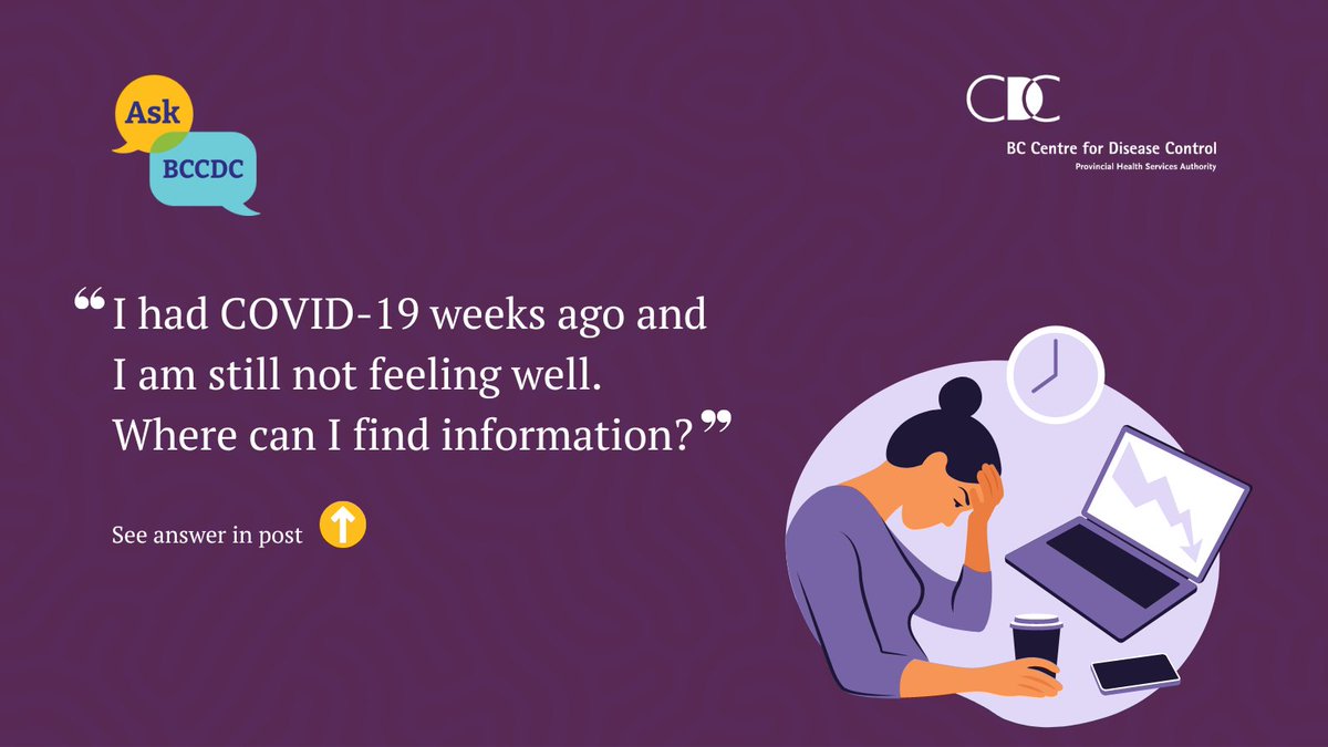 CDCofBC's tweet photo. A: If your symptoms last weeks or months after you had COVID-19, you can find tools and videos to help you with your recovery and information on seeking care at a clinic at https://t.co/s60en3w8PP
#AskBCCDC https://t.co/IVWCeCkDD2