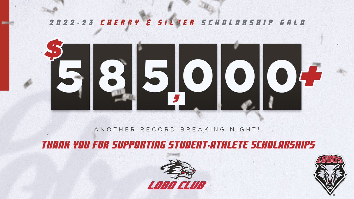 UNMLoboClub's tweet photo. The Cherry &amp; Silver Scholarship Gala raised $585K+ this year for Lobo student-athlete scholarships. Thank you to everyone who supported - it’s bigger than sports! 🐺 

#GoLobos https://t.co/gLysMbcAba