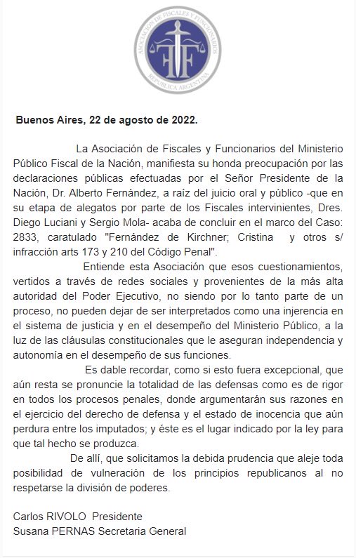claudiosavoia's tweet photo. La Asociacion de Fiscales le contesta al presidente @alferdez: https://t.co/Mnd7OfERZX
