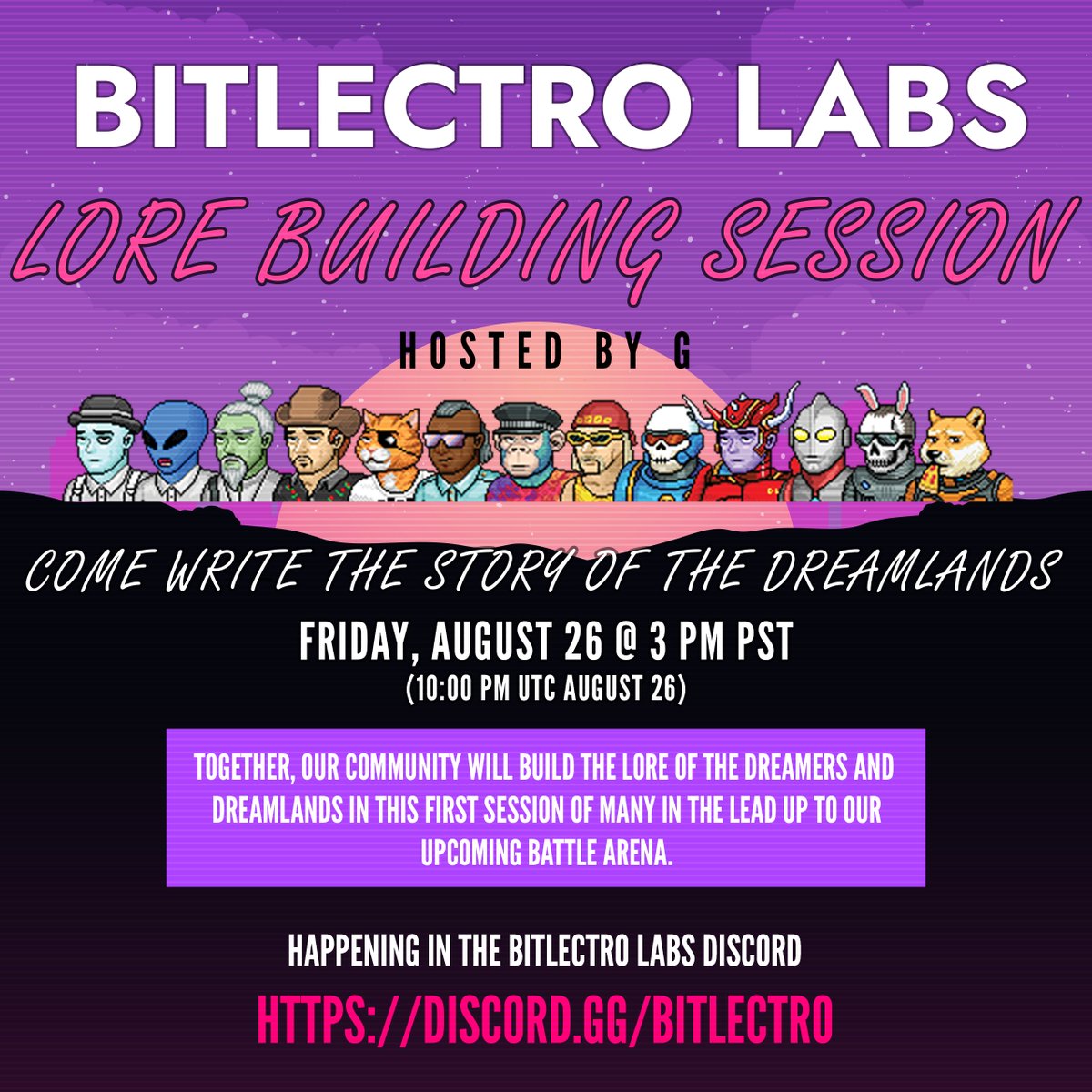 DreamlandsIO's tweet photo. Dreamers, join us this Friday at 3 PM PST | 10 PM UTC for another lore building session. Each month, we forge the retro sci-fi mythos of the Dreamlands as a community. ✍️

Attendees of this week's sesh have a chance to win a frozen Dreamer. 🥶

🔗 https://t.co/y1D9fgL7dC https://t.co/MWgOXzWPUt