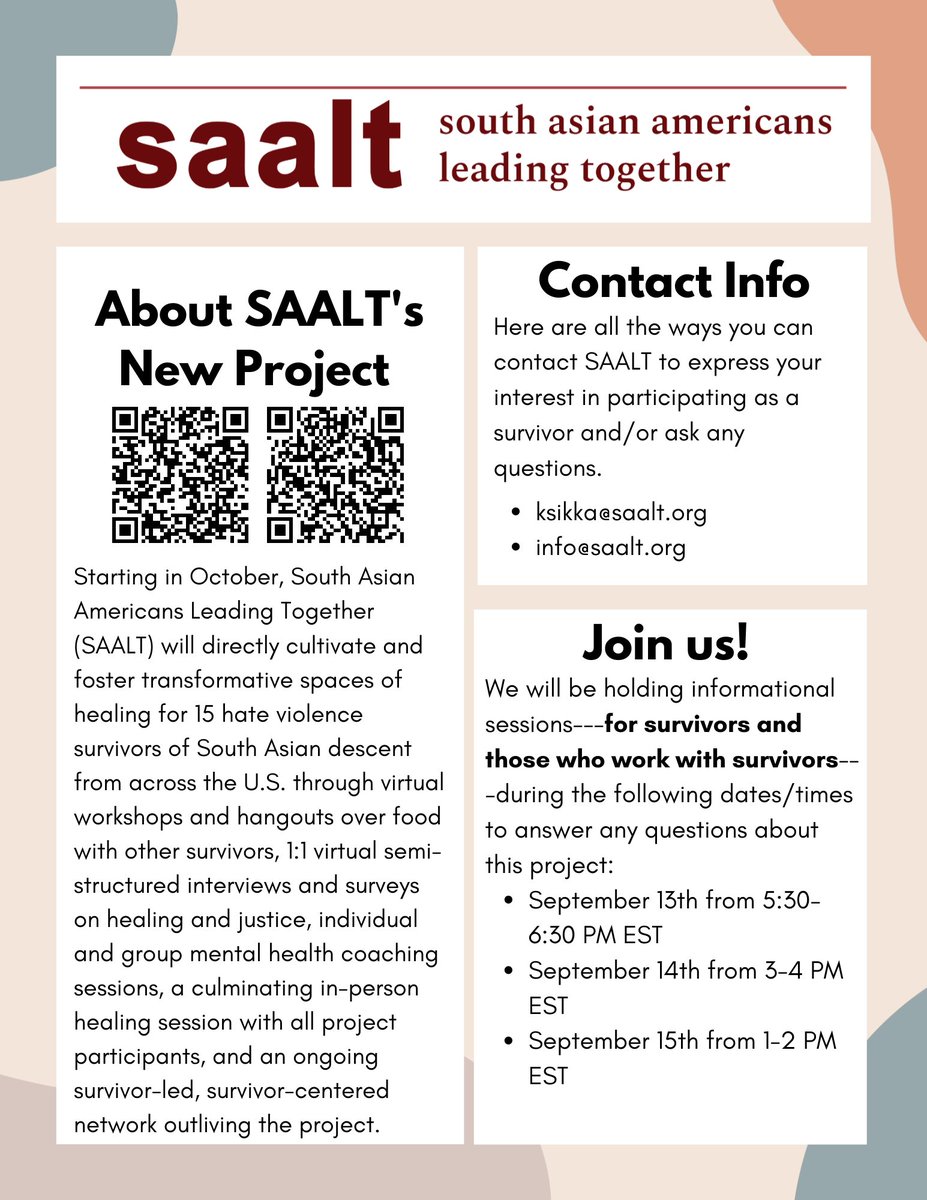 We will be holding informational sessions---for survivors and those who work with survivors---on September 13th from 5:30-6:30 PM EST, September 14th from 3-4 PM EST, and September 15th from 1-2 PM EST. us02web.zoom.us/j/83347245998?…