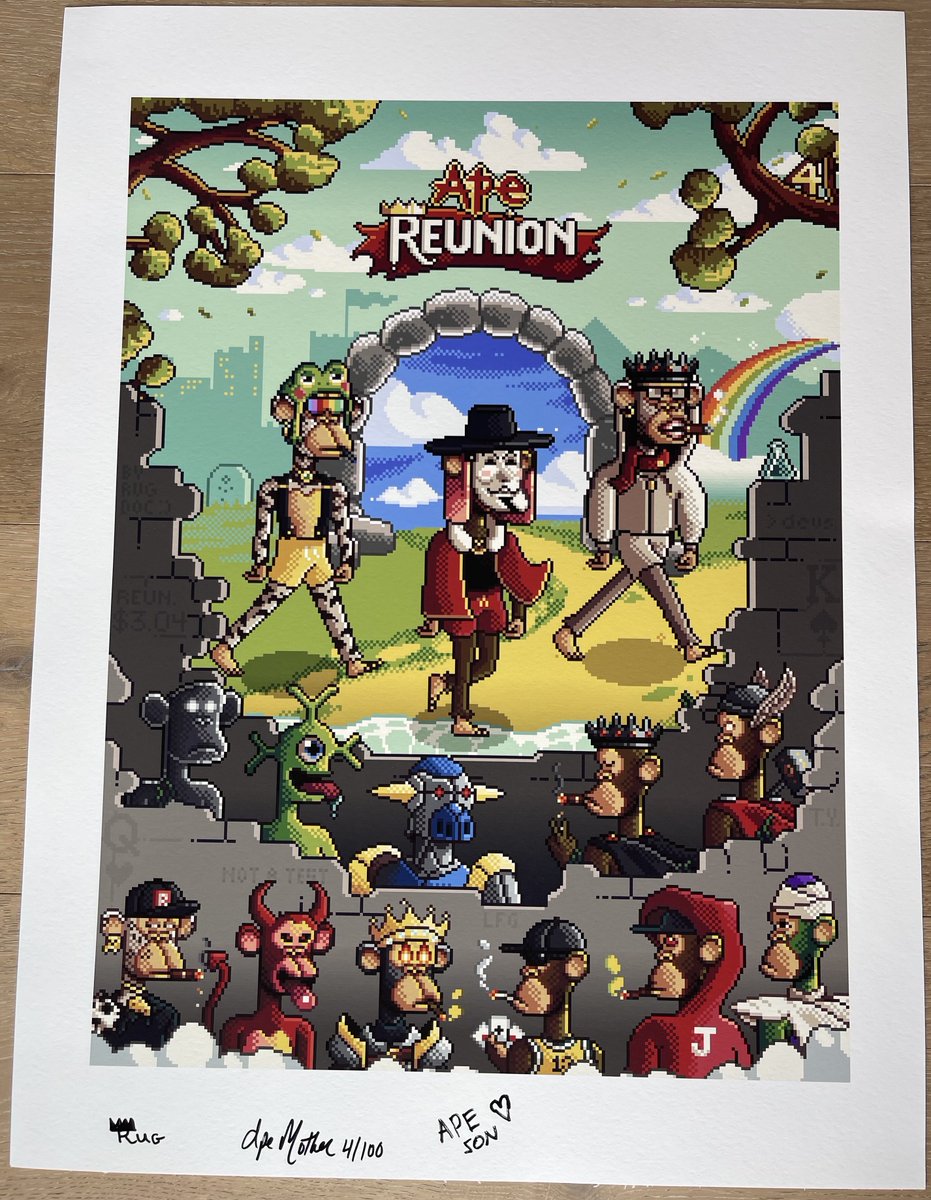 Only 100 made… 55 fine art prints from the very first #ApeReunion will be available in the discord soon… be ready!

They are shipping with:
1 LA Ape Reunion T shirt 👕
1 Sticker pack 🎨
1 AR sunglasses 😎 
1 AR tote bag 👜
+ the poster made by <a href="/RugDoctorApe/">rug</a> 

 #sheesh