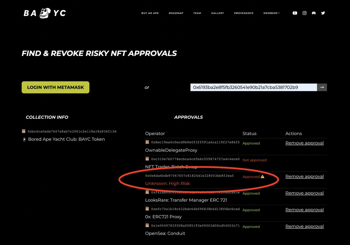 wmbsquad's tweet photo. How to use the new tool of #BAYC to find and revoke risky NFT approvals:
Step 1. Visit https://t.co/QiByckKEKu
Step 2. Navigate through your NFTs and find the approval labelled as "Unknown: High Risk"
Step 3. Click on "Remove approval"
 @brunofioranelli @Olifeels_ @ChantzYoder3 https://t.co/A8xBy3wpbq