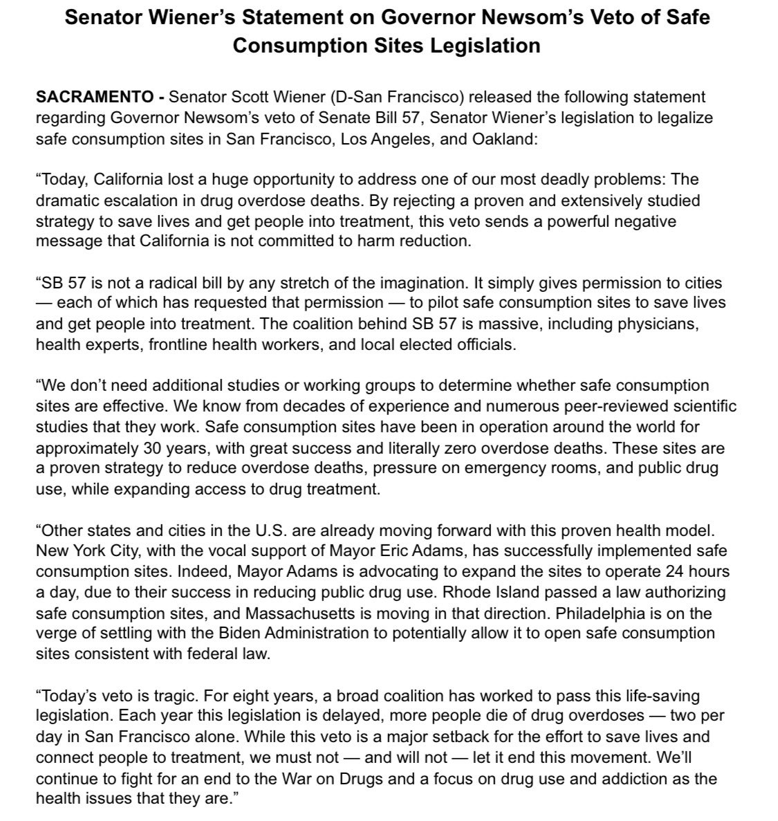 Gov. Newsom vetoed our legislation to authorize SF, Oakland & LA to implement safe consumption sites. The veto is tragic & a huge lost opportunity. These sites are proven to save lives & connect people to treatment. Sad day for CA’s fight against overdose deaths. My statement: