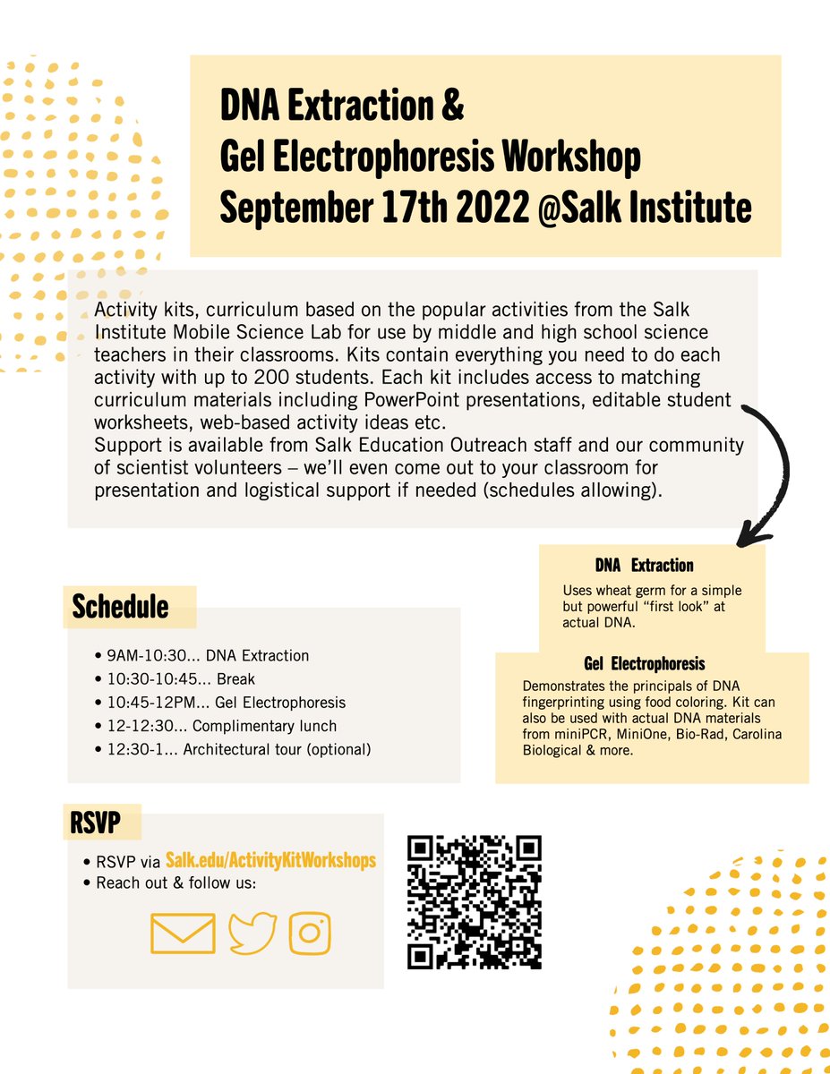 SalkEducation's tweet photo. Attend 1 or both workshops! Each kit includes access to matching curriculum materials including PowerPoint presentations, student worksheets as editable electronic files so you can modify as needed for your classes, &amp; scientists for a deeper look into scientific careers. #SDSTEM https://t.co/hk0YHJwDTa