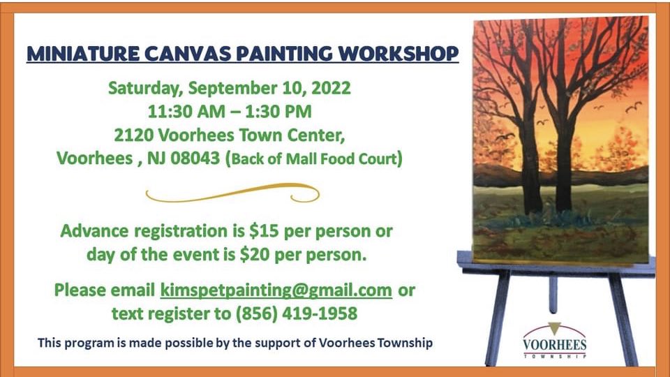 Join us on Saturday, September 10, 2022, from 11:30AM - 1:30PM at 2120 Voorhees Town Center, Voorhees, NJ 08043. Advance Registration is $15 per person and $20 per person day of the event.
Please email or text to register to kimspetpaintings@gmail.com
856-419-1958