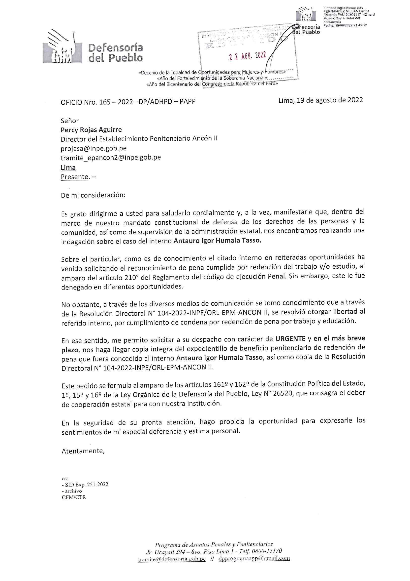 Link del oficio aquí https://www.defensoria.gob.pe/wp-content/uploads/2022/08/CARGO-Oficio-165-2022-exp-251-2022.pdf