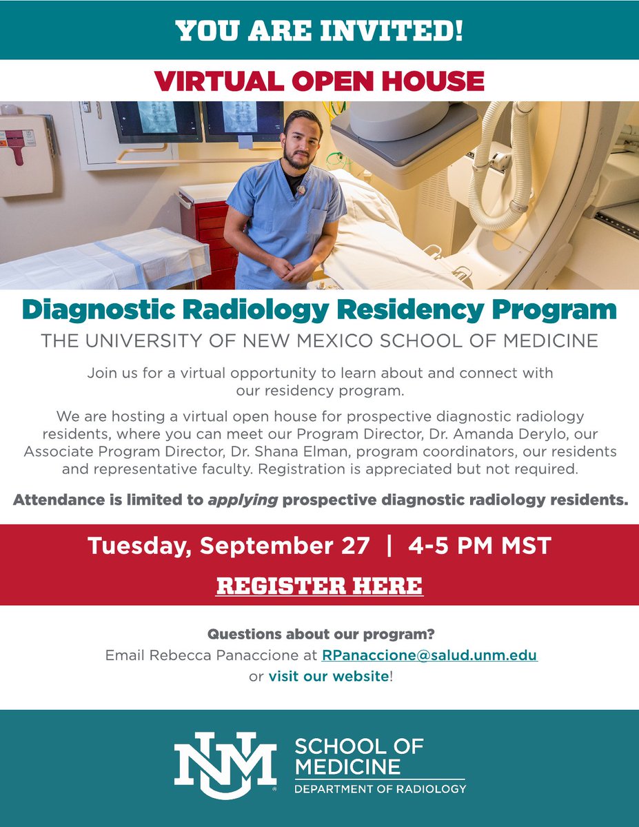 UNMRadiology's tweet photo. Join us for an open house Sept 27, 4-5 pm MST, to learn what @UNMRadiology has to offer #futureradres.  Get to know Program Director @AmandaDerylo and Associate Program Director Dr. Shana Elman.  See flyer below and register here.

https://t.co/cSwj96bU5s https://t.co/nAte7X9syt