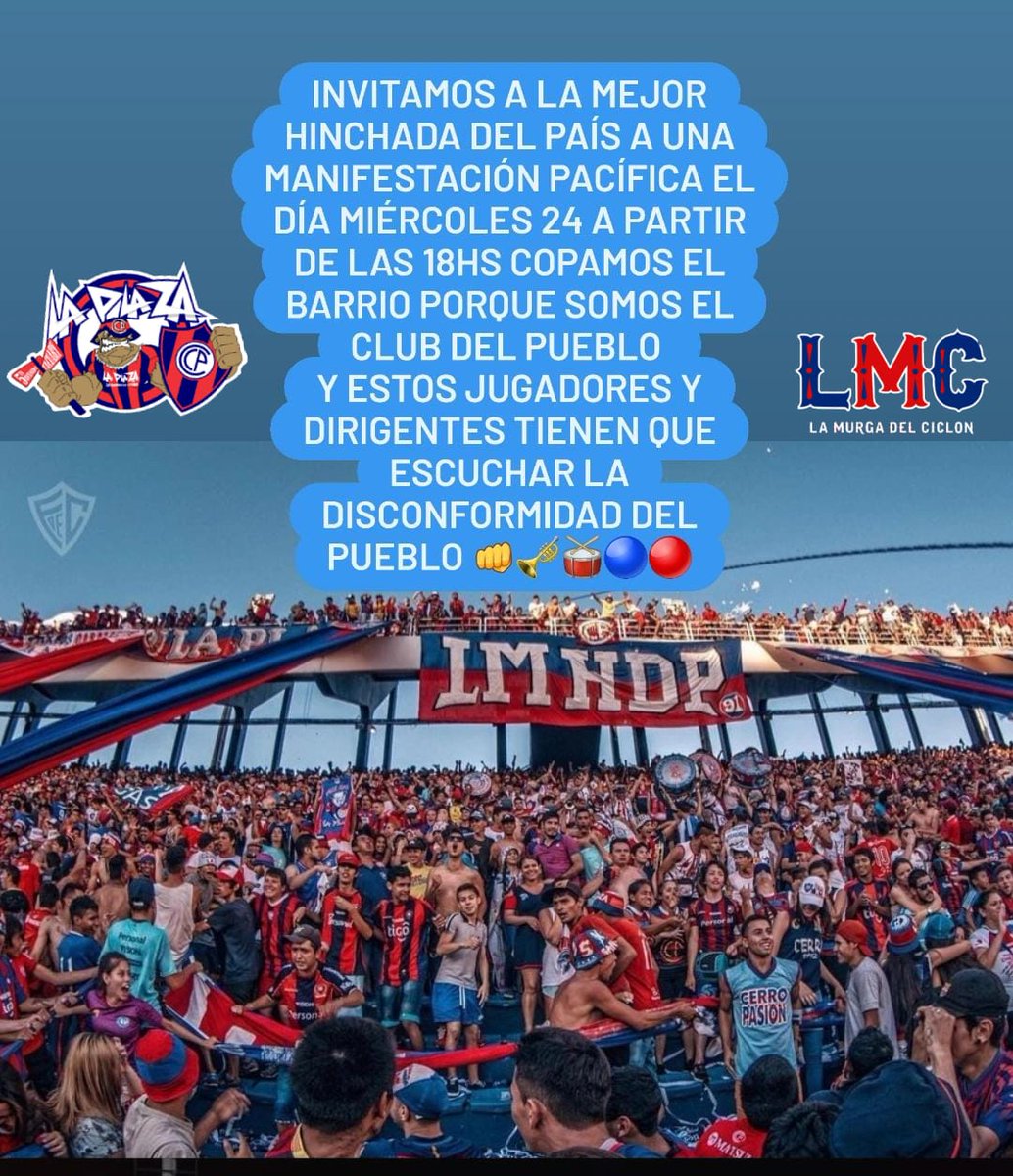 AMOR POR LOS COLORES NO POR LOS JUGADORES!
INVITAMOS A LA MEJOR HINCHADA DEL PAIS A LA MANIFESTACION ESTE MIERCOLES APARTIR DE LAS 18HS!👊❤️💙