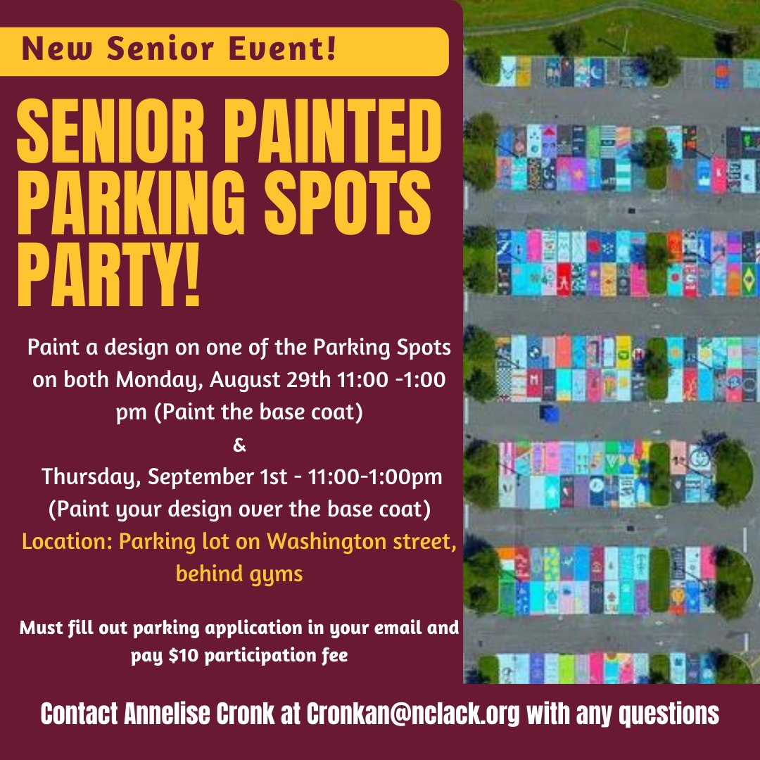 Seniors! Would you like to paint your parking spot for this year? Painting will occur on Monday, August 29th and Thursday, September 1st. Cost is $10. Contact Annelise Cronk for more information!
