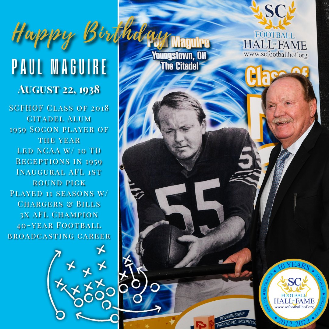 SCFootballHOF's tweet image. Happy Birthday to #SCFHOF18 Inductee Paul Maguire! @CitadelFootball legend became an #AFL and Sports Broadcasting legend. @CFABulldogs #HBD 
scfootballhof.org/inductees/indu…