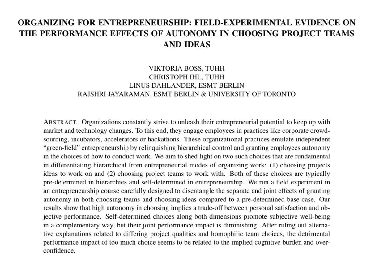 This changed how I run my entrepreneurship classes: Usually students pick their teams &amp; pick ideas. It turns out that this isn’t optimal. The happiest &amp; most successful teams are when folks are randomly assigned to a team. After that, teams pick their idea rationality-and-competition.de/wp-content/upl…