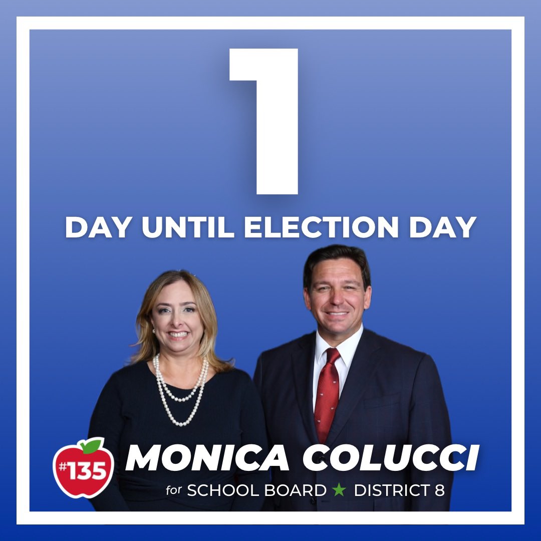 MonicaColucciFL's tweet image. Only 1 day left until Election Day! I am the only candidate who will prioritize school safety, protect parents’ rights, and stop indoctrination. Vote for Monica Colucci #135!

#WestKendall #Westchester #WestMiami #CoralGables #Kendall #TheHammocks #KendaleLakes #Tamiami