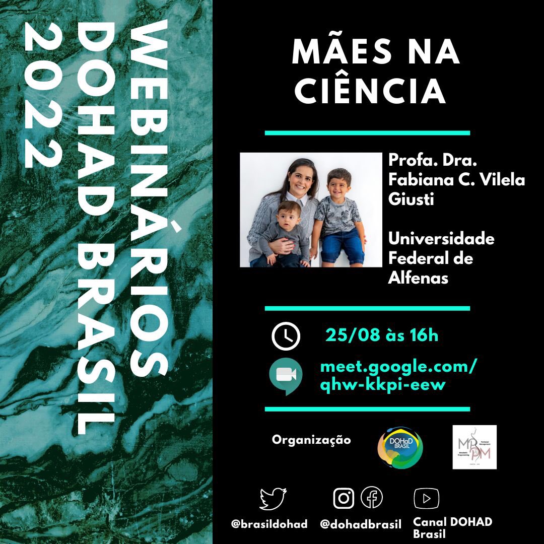 Nosso próximo webnário será sobre “Mães na ciência”, ministrado pela Profa. Dra. Fabiana C. Vilela Giusti.

Será no dia 25/08/2022, às 16h. Não percam!

#dohadbrasil #webinariosdohadbrasil 
#dohad #fesbe #sbfis #mulheresnaciencia
