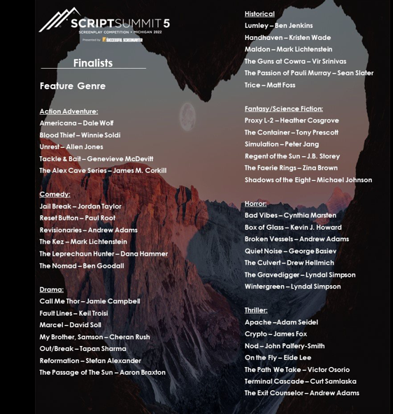 akbraxton's tweet photo. My screenplay, THE PASSAGE OF SUN, is a Finalist in the "Drama," Section of the Script Summit Screenwriting Competition!
Not too shabby! Lol!
#CAA #Endeavor #Circleofconfusion #zerogravity #scriptsummit2022 #blackscreenwriters #Denzelwashington #blackstoriesmatter https://t.co/TVhqBF3Dbn
