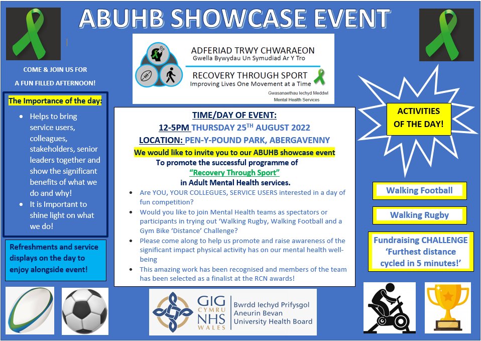 @ShazGreenway 's been busy making sure all we need to know is on show..🙏..plz support..so much going on-you can't possibly not come along on Thurs afternoon to see this awesome group in action #RecoveryThroughSport #MentalHealth #Gwent #Showcase #DreamTeam #Together #Community