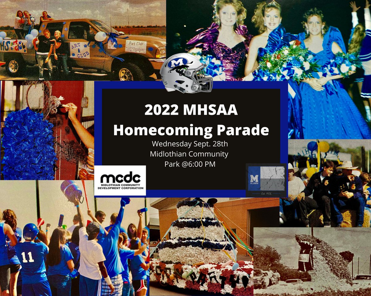 MidlothianAlumn's tweet photo. Mark your Calendars!!!

The 1st Annual Midlothian High School Alumni Association Homecoming Parade will be on Wednesday, September 28th 2022!!

We want to thank our sponsors the MCDC for being such a huge help with this parade. https://t.co/ihwbXbGw7w