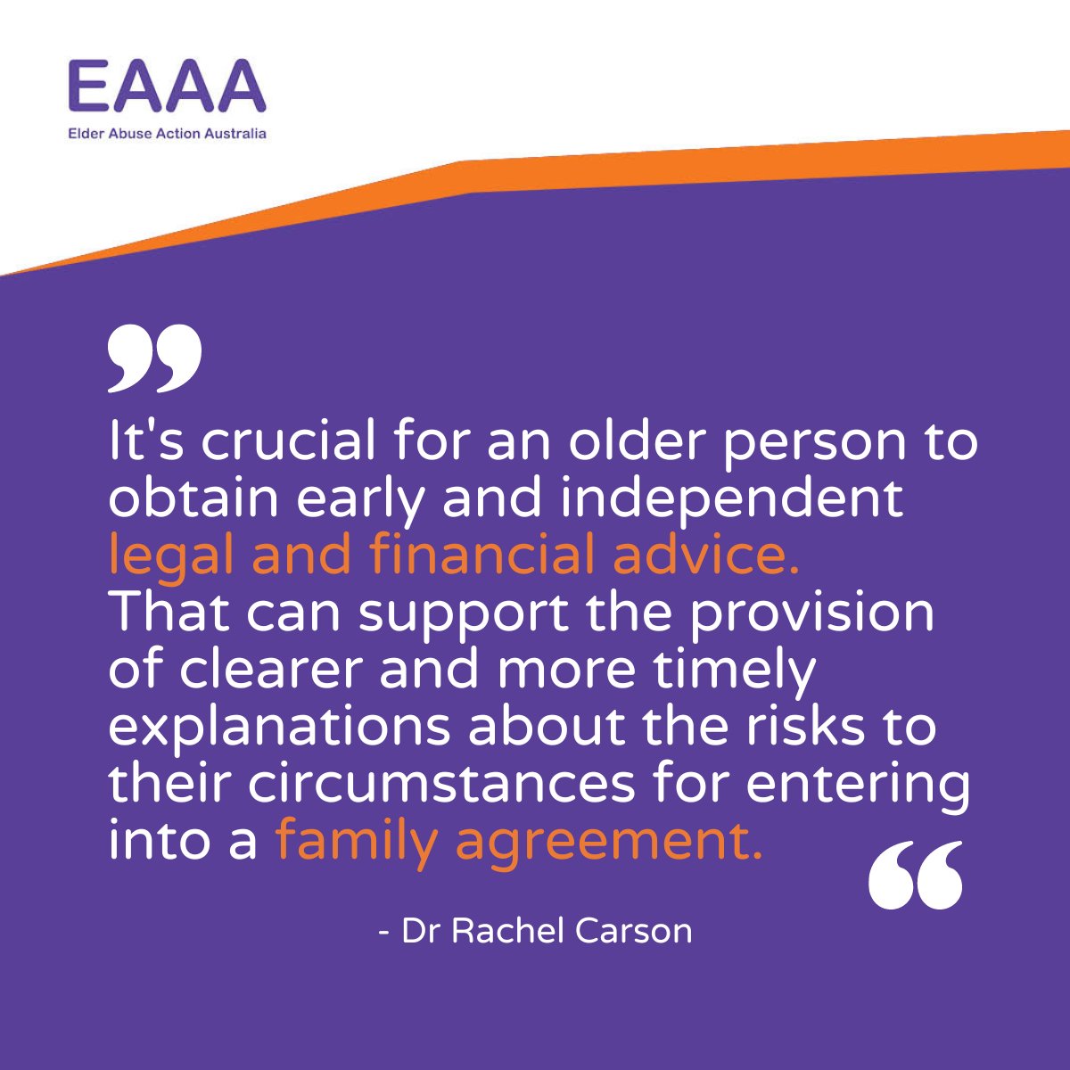 If someone you work with or know is looking to arrange a family agreement, it is important to encourage them to seek independent legal and financial advice first, says Dr Rachel Carson, Senior Research Fellow at @FamilyStudies. #FamilyAgreement #ElderAbuse