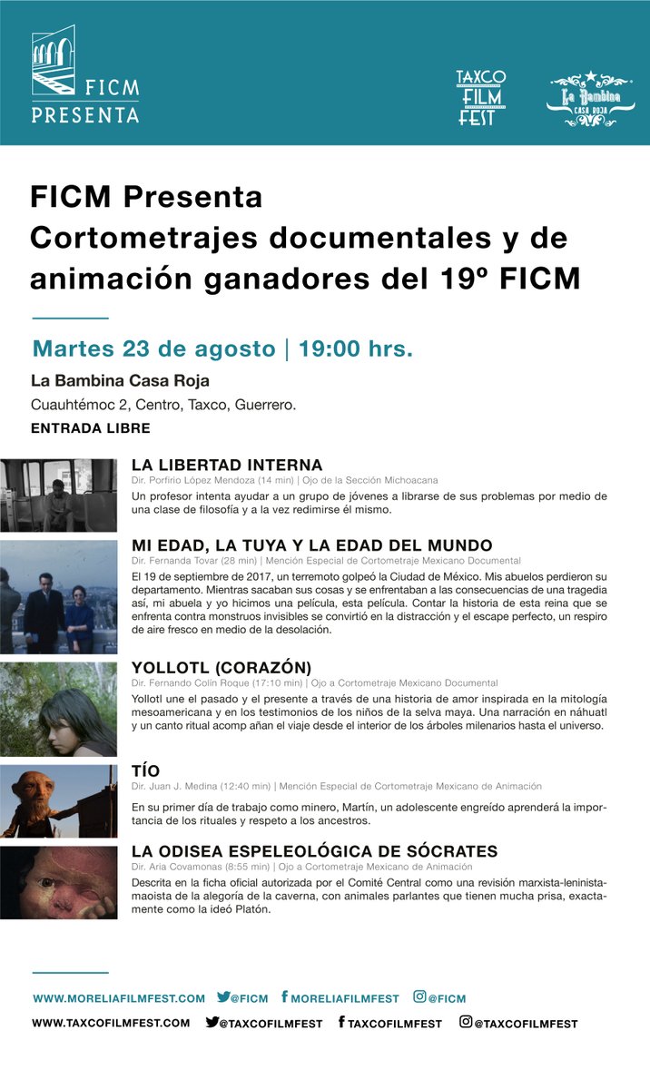 FICM's tweet photo. Amigos de Taxco, Guerrero, ¡el Festival Internacional de Cine de Morelia llega a su ciudad! En el marco del @TaxcoFilmFest, este lunes 22 y martes 23, en punto de las 19:00 hrs, podrás disfrutar los programas de cortometrajes ganadores del 19° FICM. ¡Ahí nos vemos! https://t.co/01bXPUu5tp