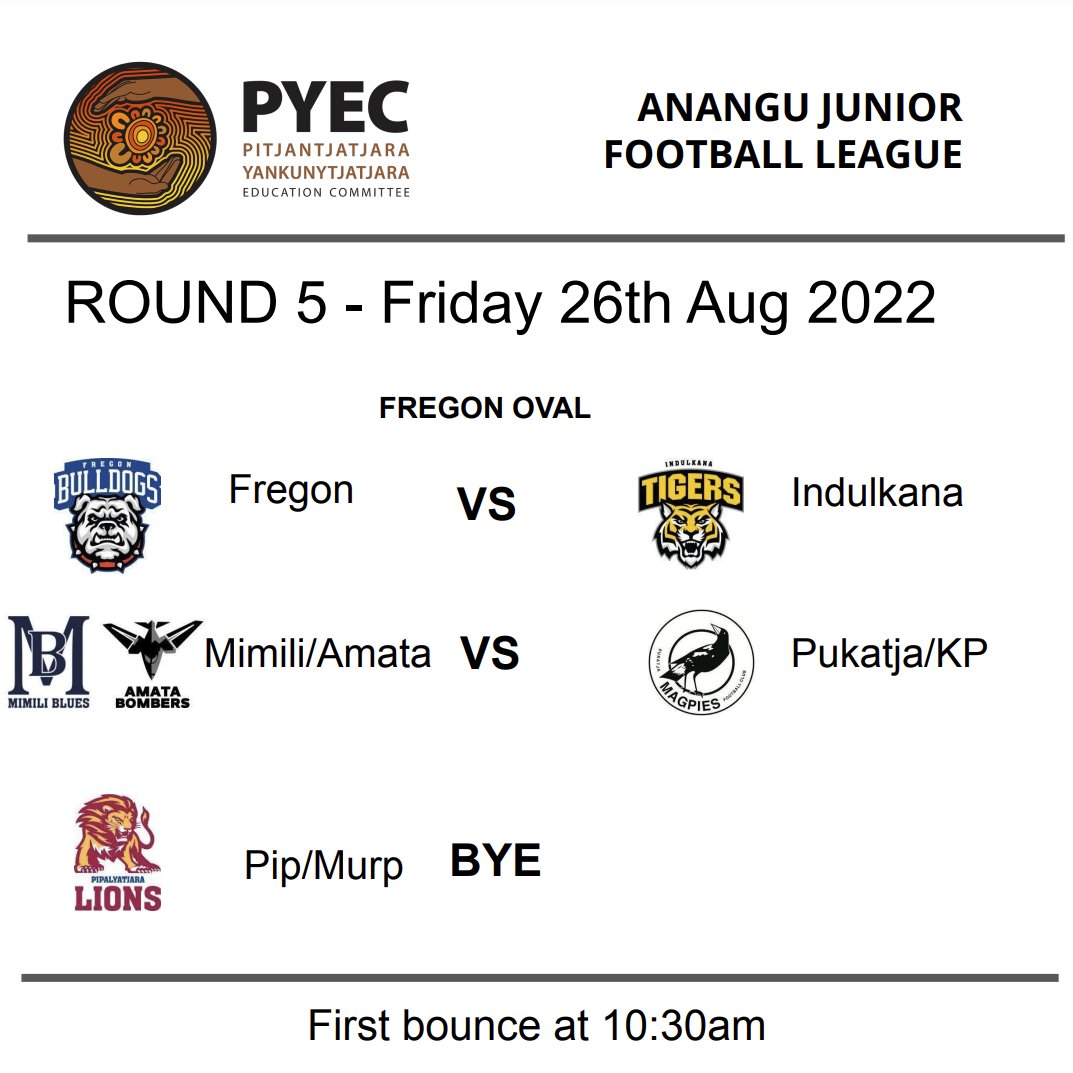 PYECAC's tweet image. Wai tjitji tjuta, 

AJFL Round 5 kuwari ngaranyi Fregon-ta Friday 26th/Aug. 

Kulangka tjarpama munu nintiriwa. 

Palya, ngula nyakunytjaku.