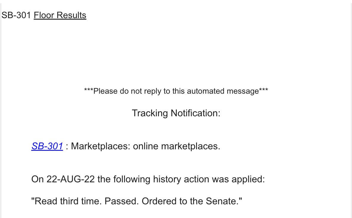 NancySkinnerCA's tweet photo. Excellent! The CA Assembly today approved my #CALeg #SB301 on a 58-0 vote. SB 301 is designed to help curb retail mass theft by requiring online marketplaces to better regulate sellers.
SB 301 now goes back to the Senate for one final vote. https://t.co/C5WG0ZvKvv