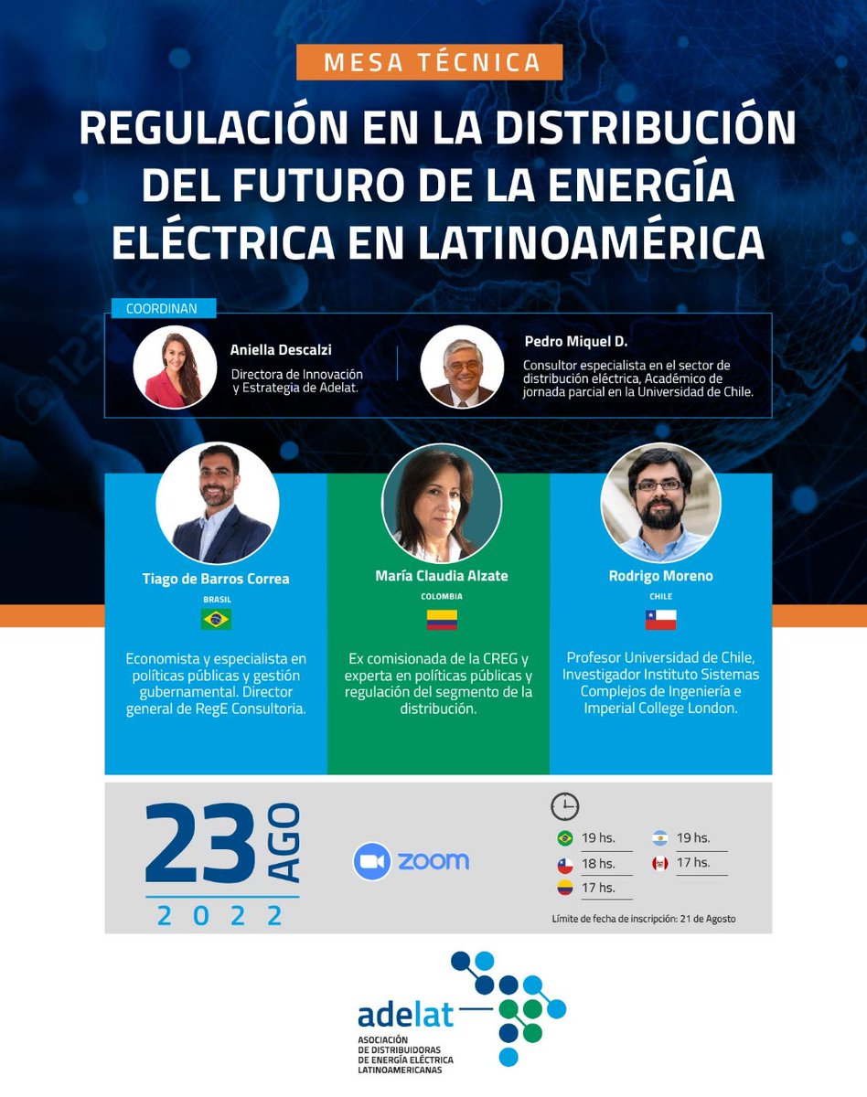 📌La Asociación de Distribuidoras de Energía Eléctrica <a href="/AdelatOficial/">ADELAT</a> realizará una Mesa Técnica sobre “Regulación en la Distribución del futuro de la energía eléctrica en Latinoamérica”.

🗓️Martes 23 de Mayo
🕠Hora: 17 h (GMT -5 horas)
Idiomas: español 🇪🇸y portugués 🇧🇷