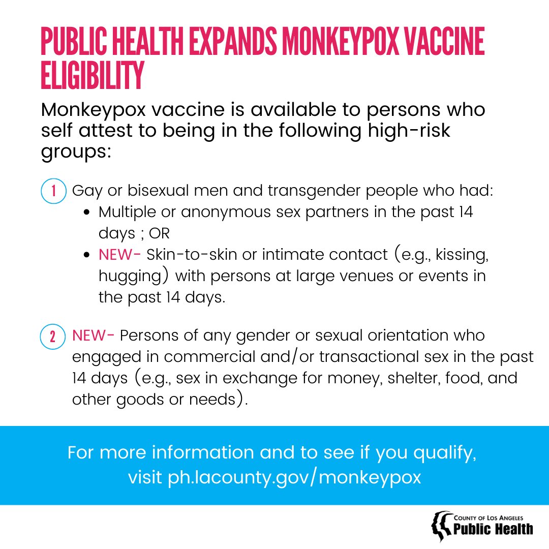 lapublichealth's tweet photo. Monkeypox vaccine eligibility has been expanded to additional residents at high-risk of exposure to monkeypox. 
1/3 https://t.co/ejbRfMuFNo
