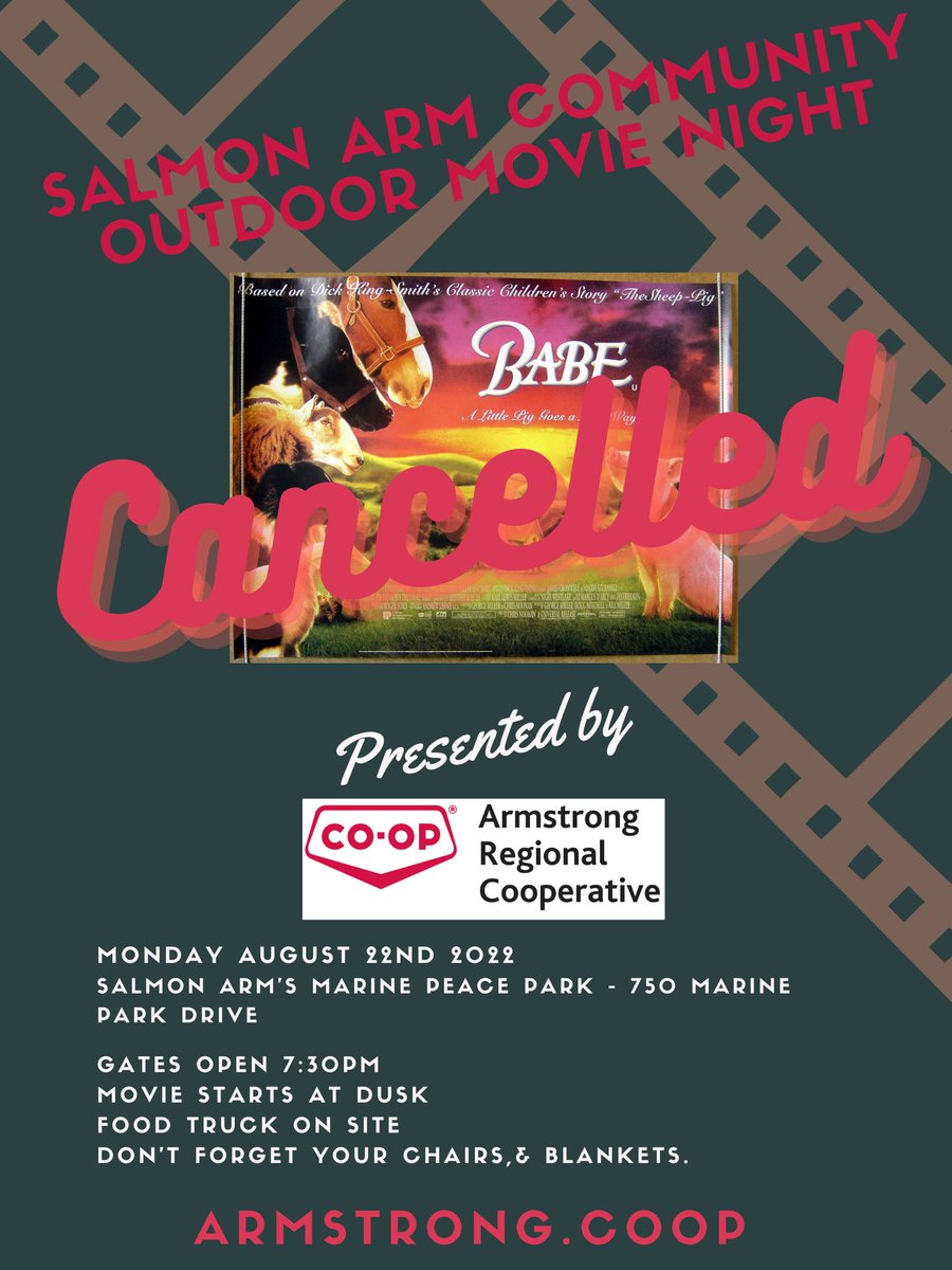 Armstrong Co-op (@armstrongcoop) on Twitter photo Unfortunately, due to the threat of thunderstorm activity, we have made the decision to cancel our Community Outdoor Movie in Salmon Arm tonight!  We thank you for understanding! Unfortunately, due to the threat of thunderstorm activity, we have made the decision to cancel our Community Outdoor Movie in Salmon Arm tonight!  We thank you for understanding!
