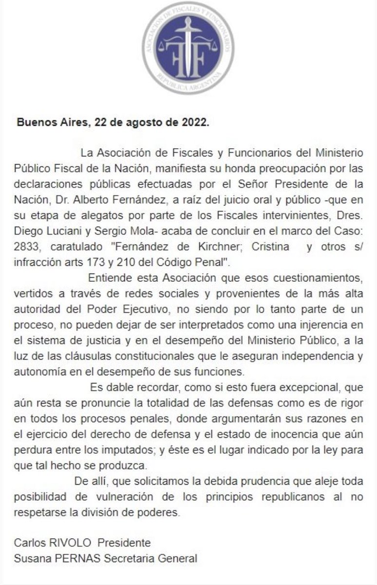 La Asociación de Fiscales en defensa de los fiscales ante las declaraciones imprudentes de Alberto Fernández
