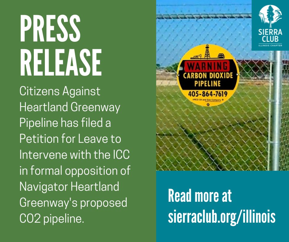 SierraClubIL's tweet image. BREAKING: Last Friday, Citizens Against Heartland Greenway Pipeline filed a Petition for Leave to Intervene in the proceedings related to Navigator’s petition to construct a dangerous CO2 pipeline through IL.

Read the full press release:  noillinoisco2pipelines.org/intervene/land…