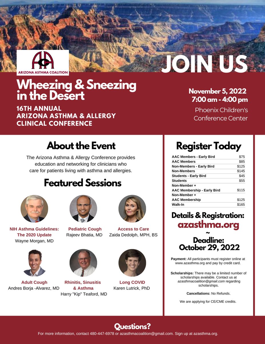 AzAsthma's tweet photo. Register at:  https://t.co/tBPhAma5rg
Registration has already begun! Save your Spot!
Great Speakers! https://t.co/ZgQi90q4Wk