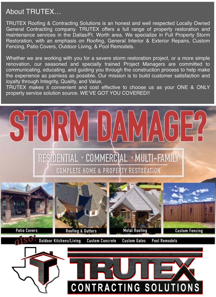 TRUTEXroofing's tweet photo. Did the ⛈️storms⛈️ leave damage around your home?

1️⃣ If so, give us a call!
2️⃣ If you are unsure, give us a call!

We offer FREE roof and property inspections with condition reports.

469-213-8877
https://t.co/zpqCn9iNWU

#TRUTEXContractingSolutions https://t.co/wdYDrbawPe