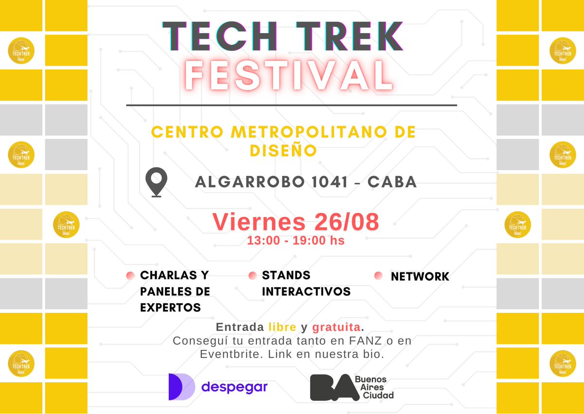 techtrekAR's tweet photo. Este viernes es el festival de tecnología en donde van a haber paneles de charlas, talleres, stands y un after para potenciar la comunidad

🎉Tech Trek Fest 🎉
📍Centro Metropolitano de Diseño (Algarrobo 1041, C.A.B.A.)
🗓Viernes 26 de agosto
🎟Podés inscribirte en @fanzevents🎟 https://t.co/0fWxAHOlAK