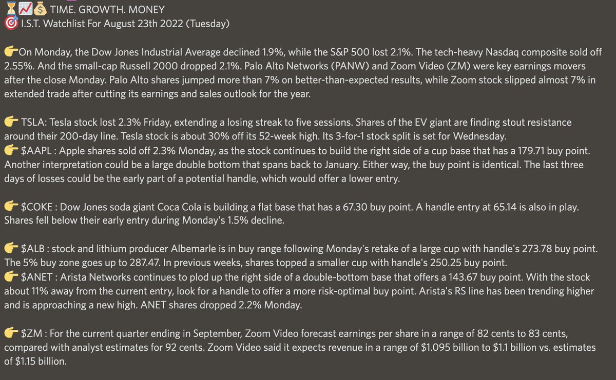 AMadMoneyIST's tweet photo. 🎯 I.S.T. Watchlist For August 23th 2022 (Tuesday) $TSLA $AAPL $COKE $ALB $ANET $ZM https://t.co/KvXMkgEURA