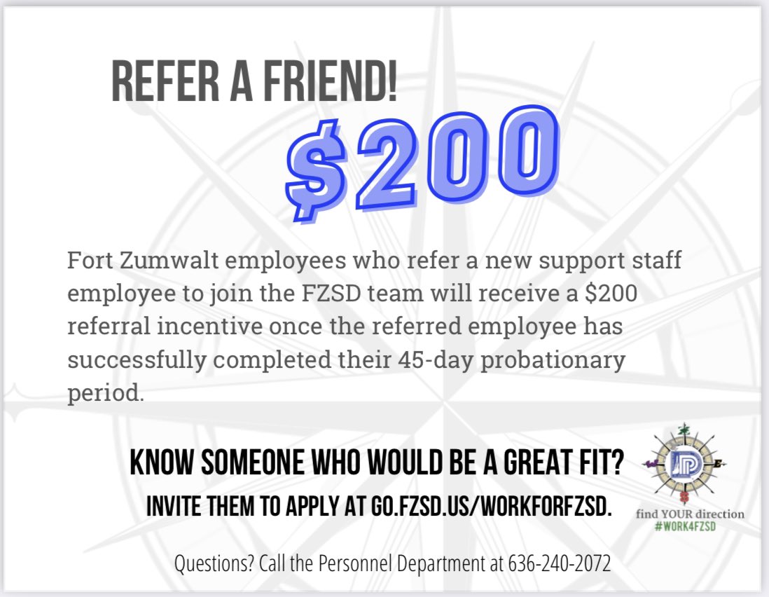 FZSDSUPT's tweet image. FZSD team: we’re still looking for a few great people to round out our staff. Know someone who might be a good fit? Send ‘em our way and you can get some extra money sent your way. #WORK4FZSD #FZfindYOURdirection @FZSchools