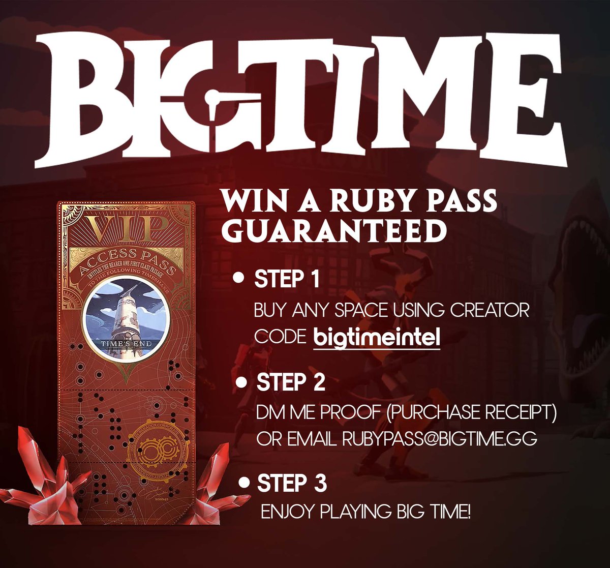 bigtimeintel's tweet image. If you still don&apos;t have a RUBY pass, here&apos;s a way to get it. Buy any SPACE with my creator code(bigtimeintel) and get a free Ruby pass! #bigtimepartner
